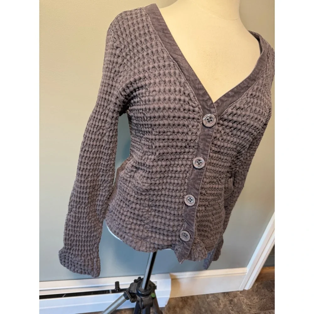 Mod-O-Doc Women's Waffle Knit Button Front Cardigan ‎ Gray Casual Elegance EUC